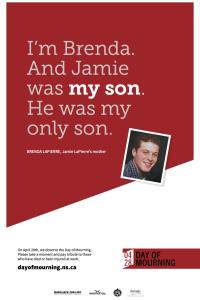 quote stating "I'm Brenda and Jaime was my son. He was my only son." A photo of a man on the right and day of mourning logo and links at the bottom.