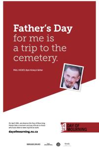 quote stating "Father's day for me is a trip to the cemetery" with a photo of a man and at the bottom day of mourning links and logo