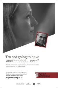 woman looking to right with photo of man and the quote "I'm not going to have another dad...ever" Day of mourning logo and links at bottom