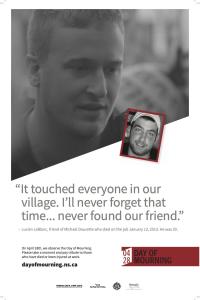 man looking to the right with a photo of another man and a quote stating "it touched everyone in our village. I'll never forget that time...never found our friend" Day of mourning logo and links at bottom. 