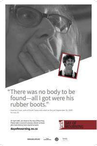 woman with hand over her mouth and photo of a man. Quote stating "there was no body to be found - all I got were his rubber boots"