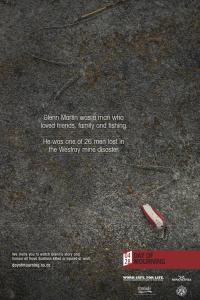 quote stating "Glenn Martin was a man who loved friends, family and fishing. He was one of 26 men lost in the Westray mine disaster." with a fishing lure in the background and day of mourning logo and links at the bottom