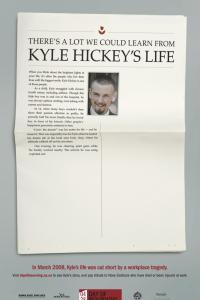 Newspaper on a grey background with the title "There's a lot we could learn from Kyle Hickey's life." Day of Mourning logo and campaign links at the bottom. 