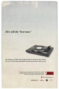 quote stating "He's still the 'best man'" with a record player in the background