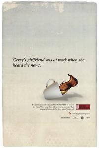 quote stating " Gerry's girlfriend was at work when she heard the news" with a coffee club spilling in the background