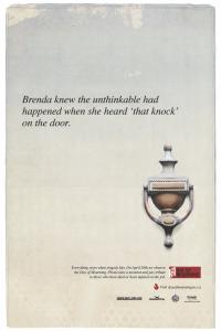 quote stating "Brenda knew the unthinkable has happened when she heard 'that knock' on the door" with a door knocker in the background