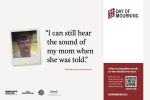 man with quote stating "I can still hear the sound of my mom when she was told." Day of Mourning logo and links on right side